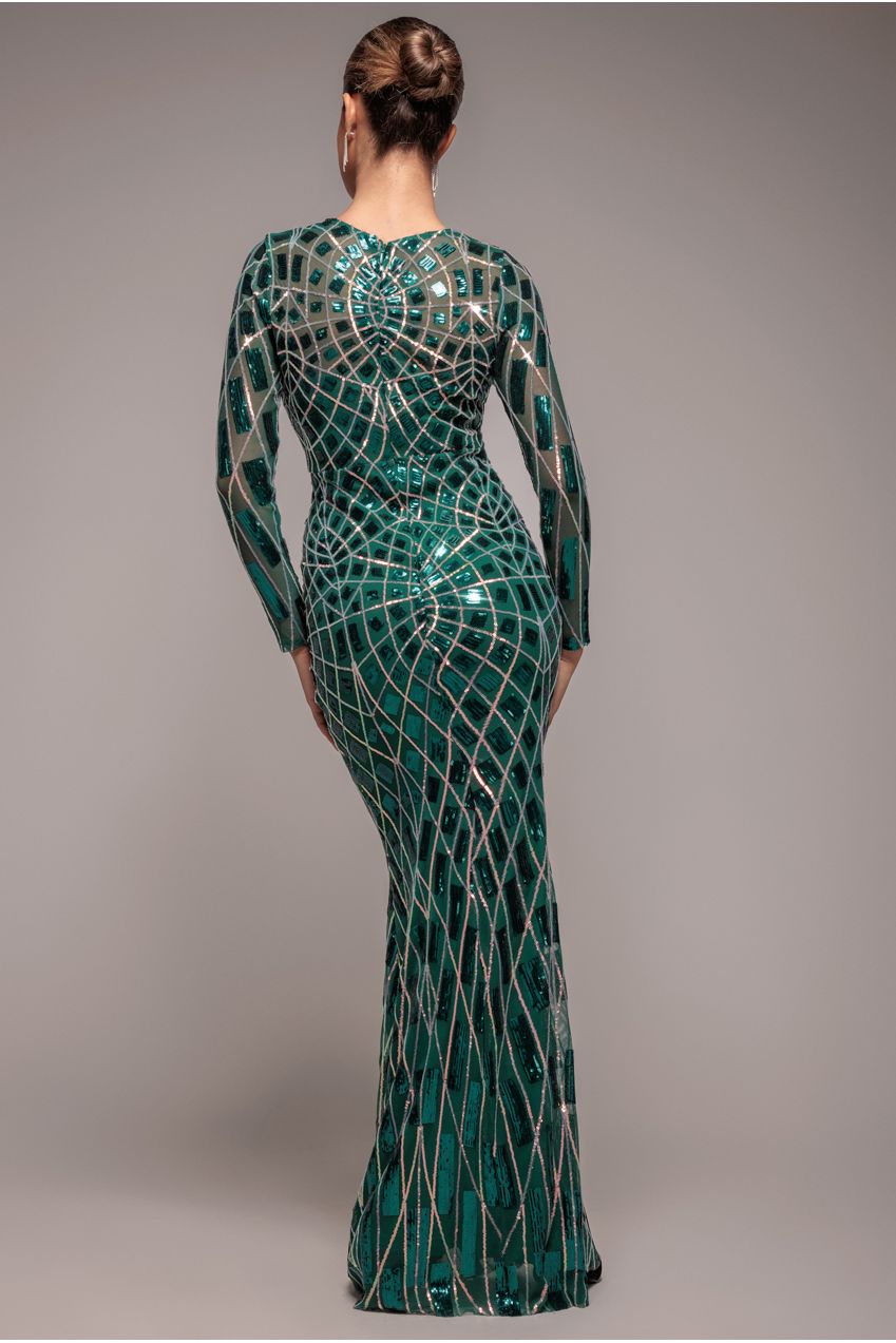 Geo Sequin Long Sleeve Maxi Dress - Emerald DR3495