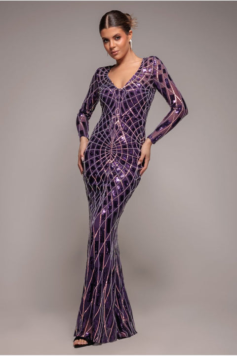 Geo Sequin Long Sleeve Maxi Dress - Purple by Goddiva