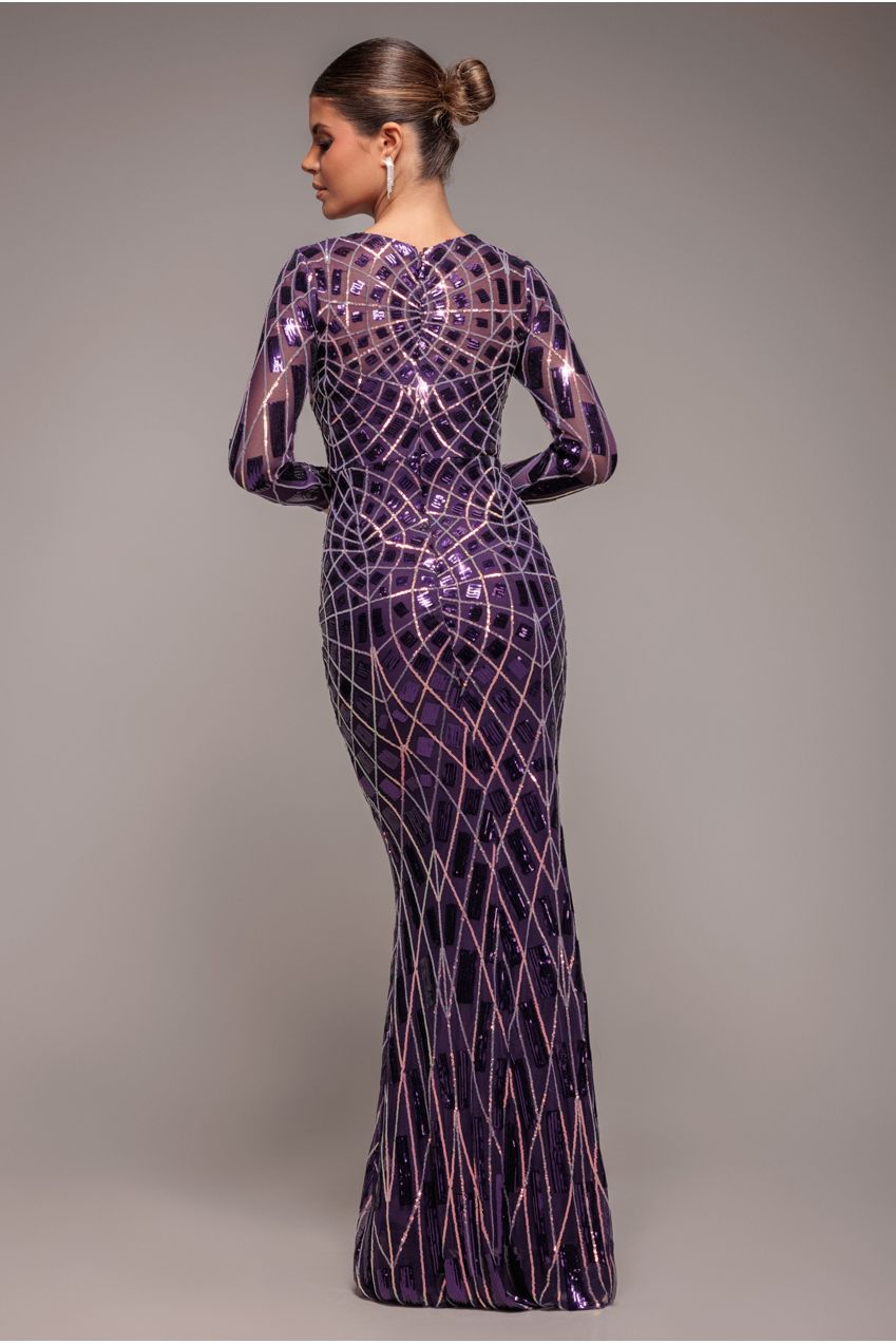 Geo Sequin Long Sleeve Maxi Dress - Purple DR3495