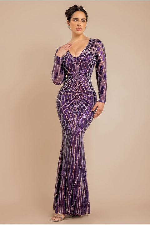 Geo Sequin Long Sleeve Maxi Dress - Purple by Goddiva