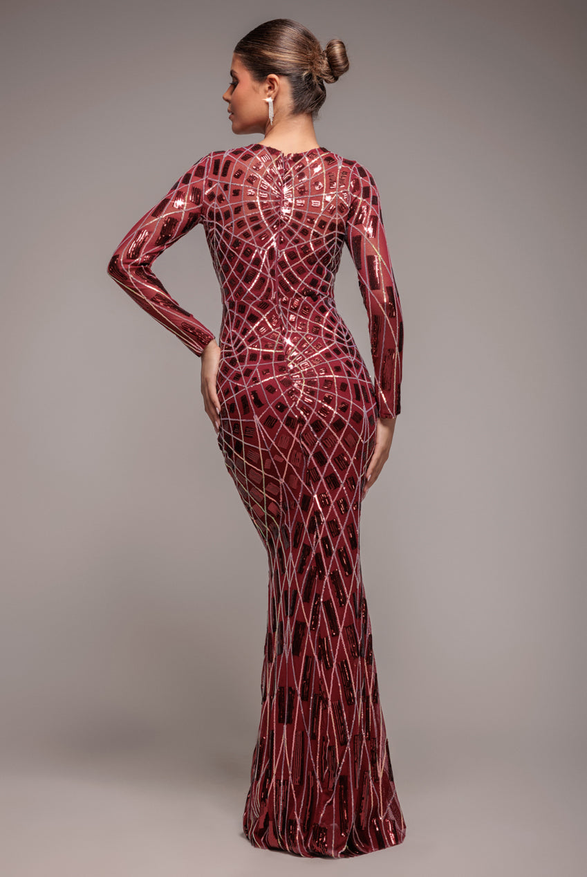 Geo Sequin Long Sleeve Maxi Dress - Wine DR3495