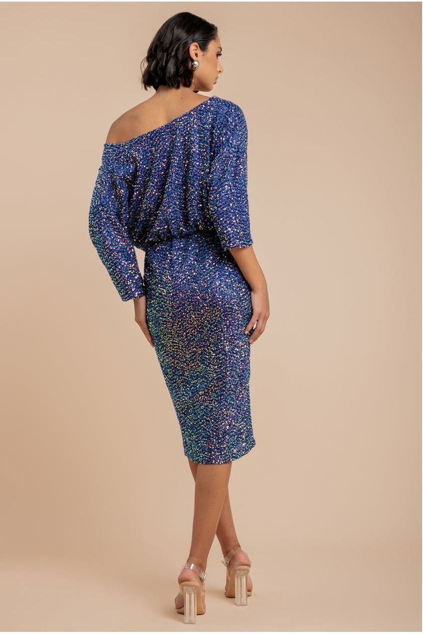 Sequin Cowl Neck Midi Dress - Royal Blue DR3497
