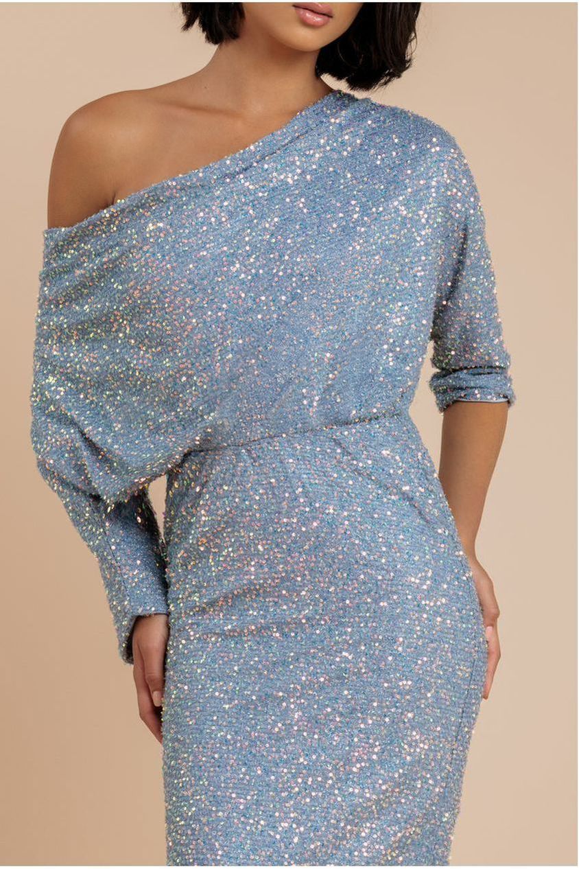 Sequin Cowl Neck Midi Dress - Silver DR3497