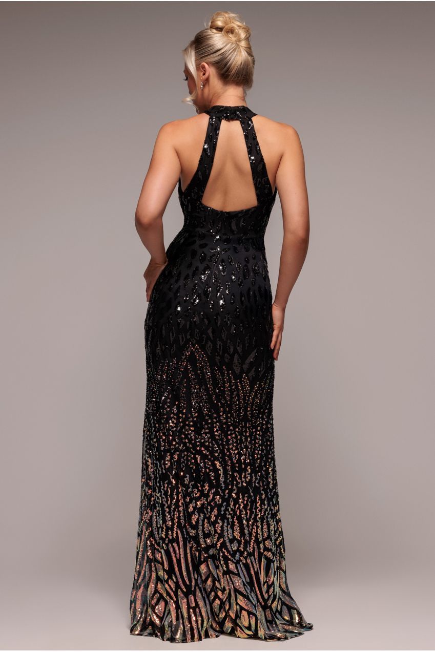 Ombre Sequin Halter Maxi With Thigh Split - Black DR3498