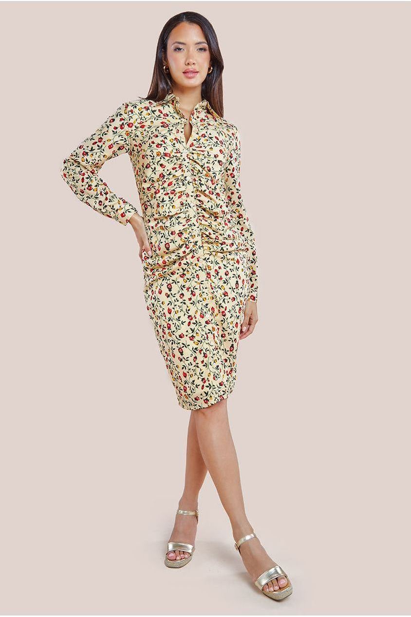 Floral Print Shirt Dress - Beige DR3499