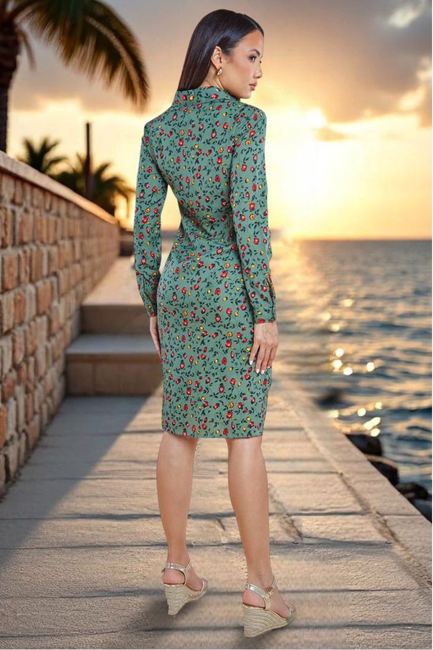 Floral Print Shirt Dress - Sage Green DR3499