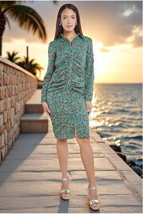 Floral Print Shirt Dress - Sage Green by City Goddess