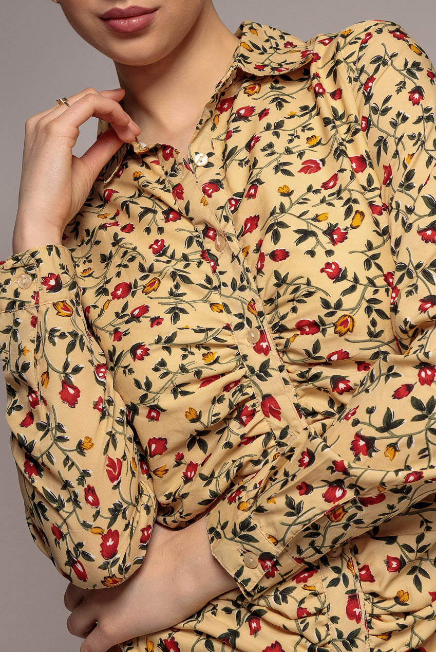 Floral Print Shirt Dress - Beige DR3499