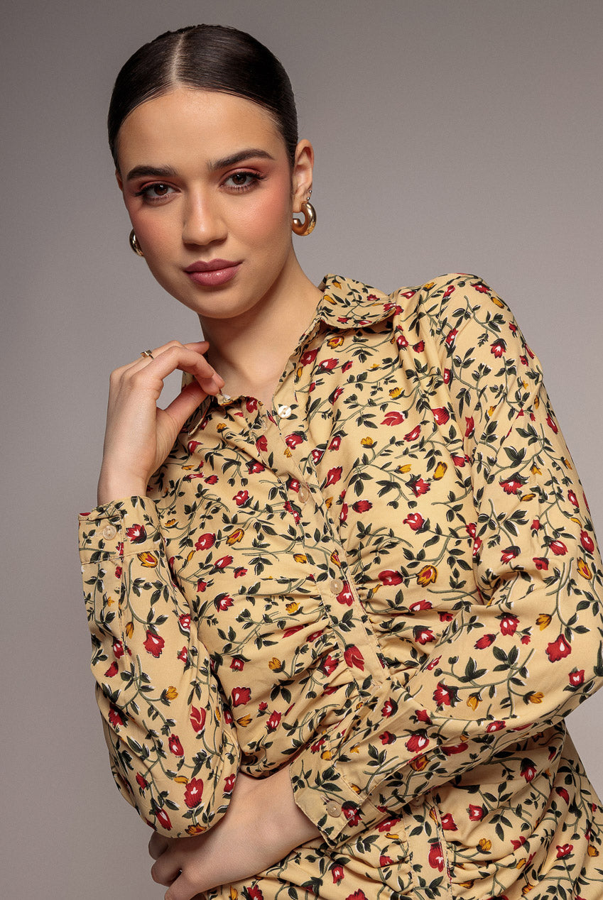 Floral Print Shirt Dress - Beige DR3499