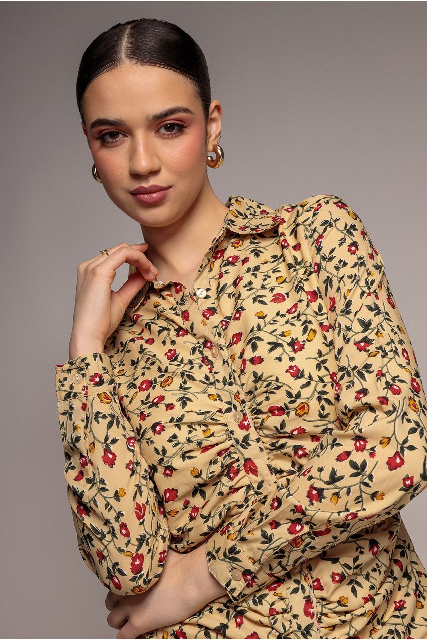Floral Print Shirt Dress - Beige DR3499