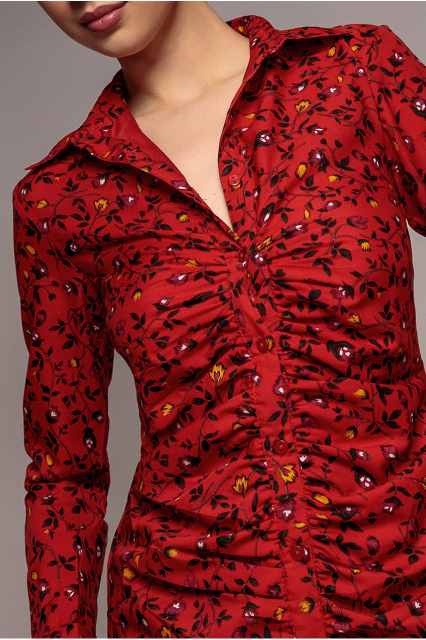 Floral Print Shirt Dress - Red DR3499
