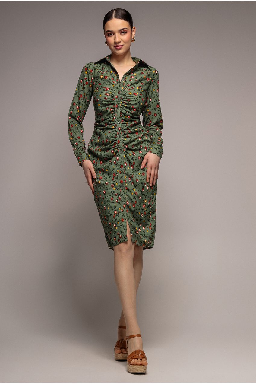 Floral Print Shirt Dress - Sage Green DR3499