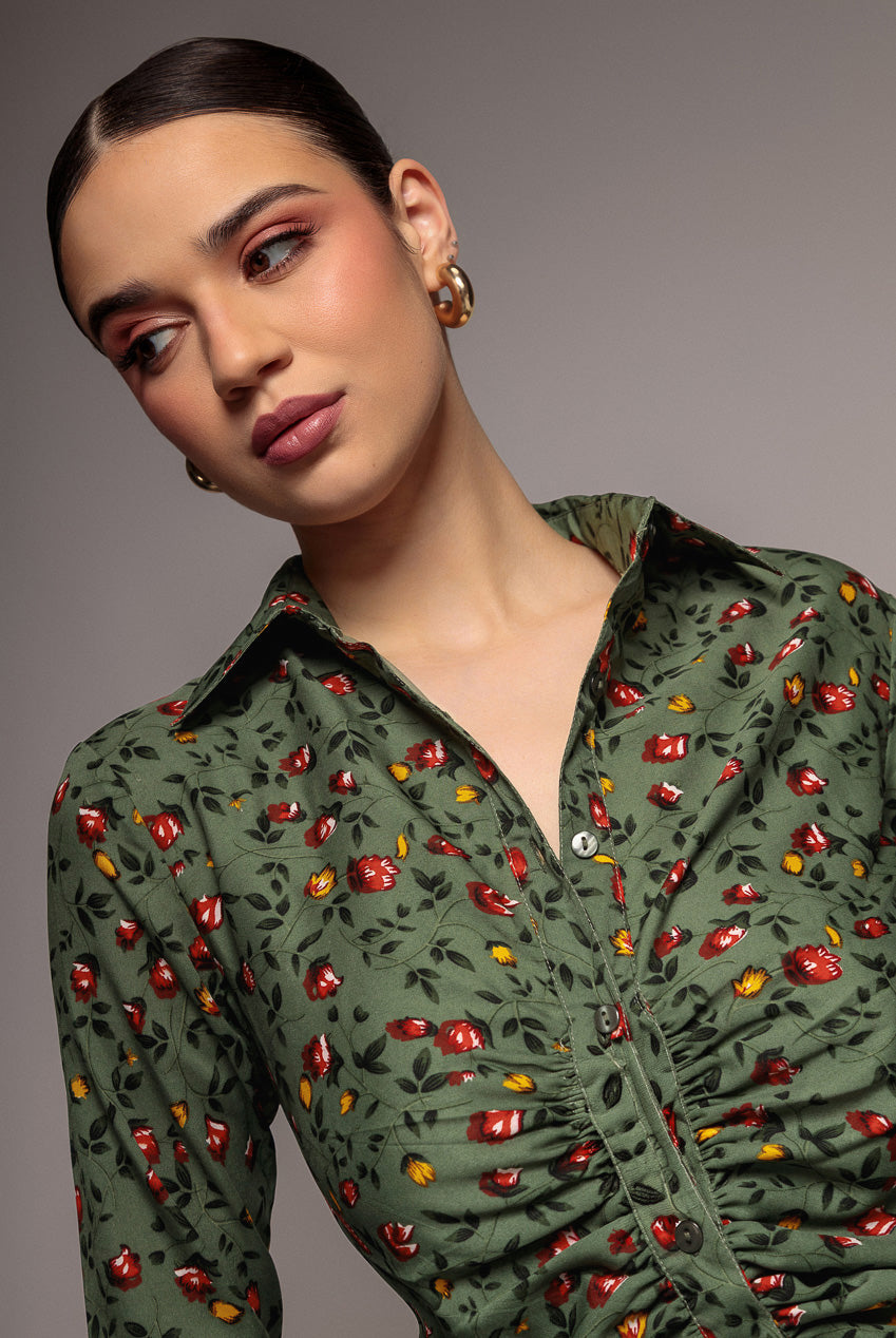 Floral Print Shirt Dress - Sage Green DR3499