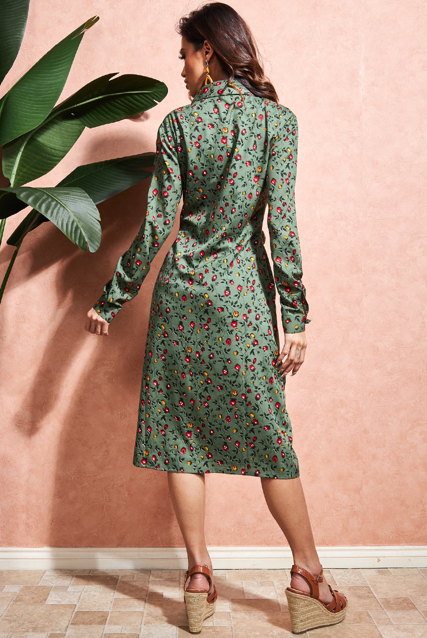 Floral Print Shirt Dress - Sage Green DR3499