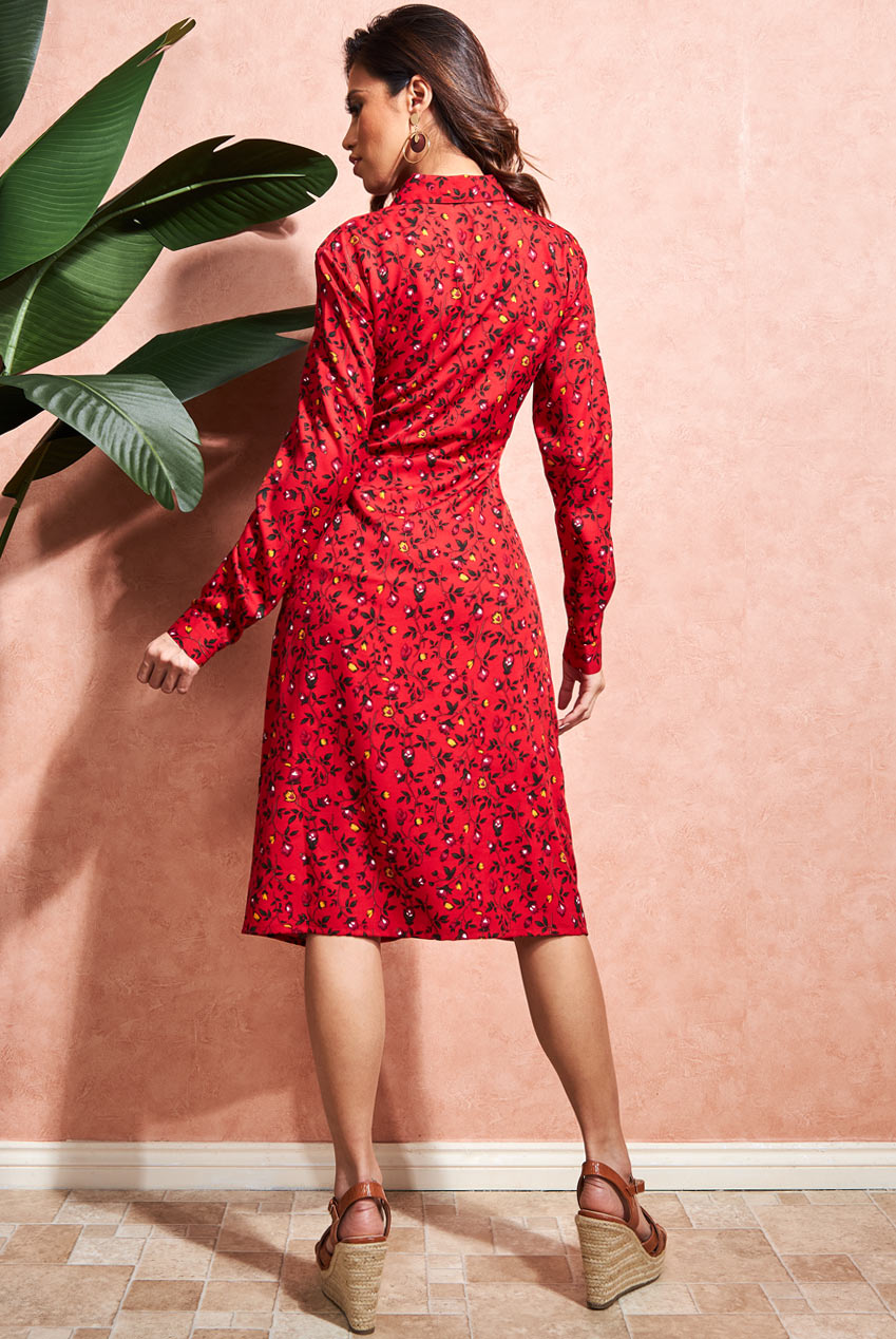 Floral Print Shirt Dress - Red DR3499