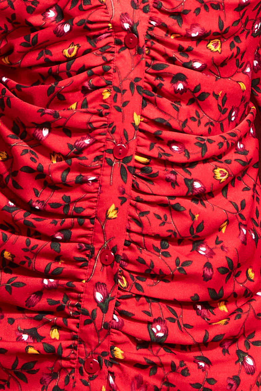 Floral Print Shirt Dress - Red DR3499