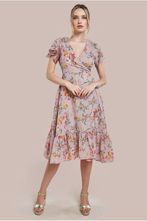 Wrap Flutter Sleeve Floral Midi Dress - Beige by City Goddess