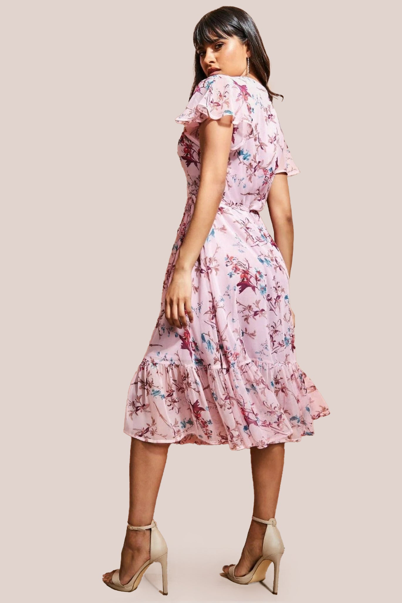 Wrap Flutter Sleeve Floral Midi Dress - Peach DR3500