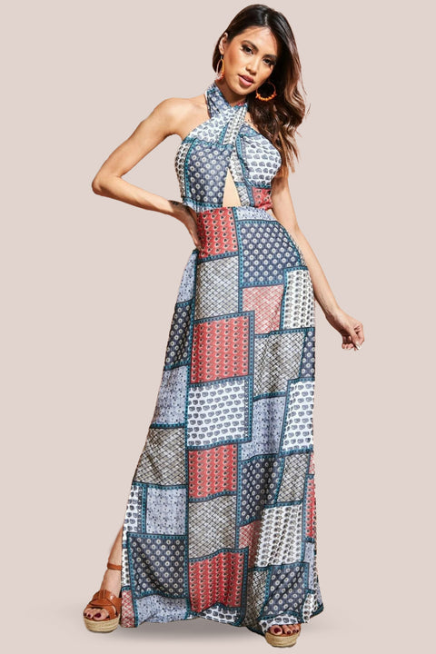 Halter Neck Printed Maxi Dress - Blue by City Goddess