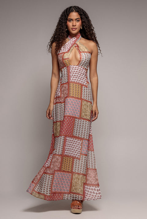 Halter Neck Printed Maxi Dress - Coral by Goddiva