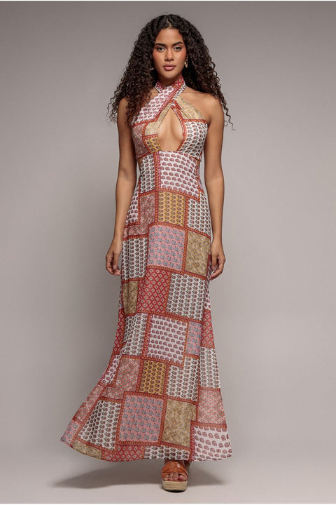 Halter Neck Printed Maxi Dress - Coral by Goddiva