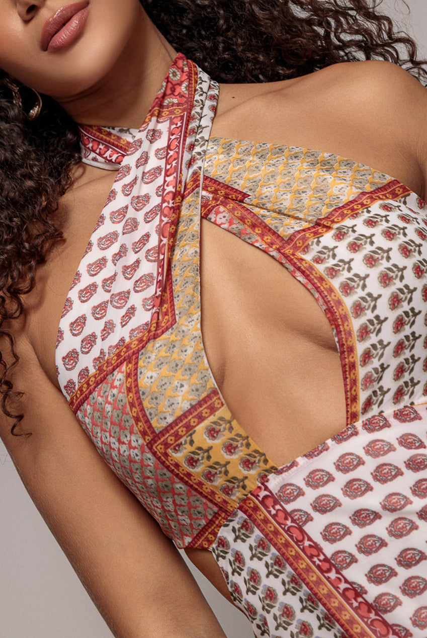 Halter Neck Printed Maxi Dress - Coral DR3504