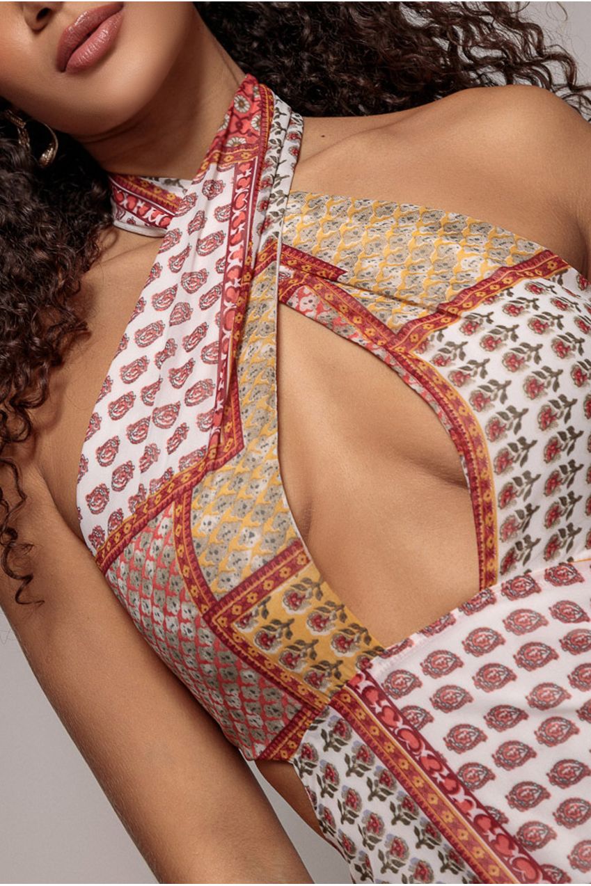 Halter Neck Printed Maxi Dress - Coral DR3504