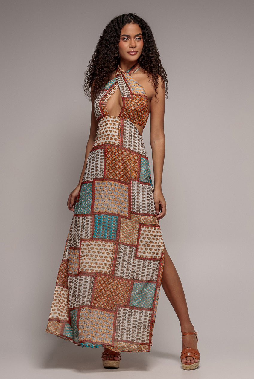 Halter Neck Printed Maxi Dress - Mustard DR3504