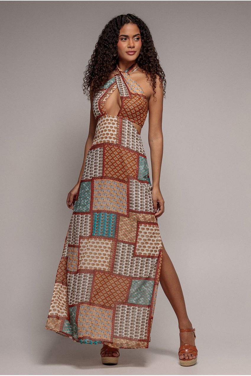 Halter Neck Printed Maxi Dress - Mustard DR3504