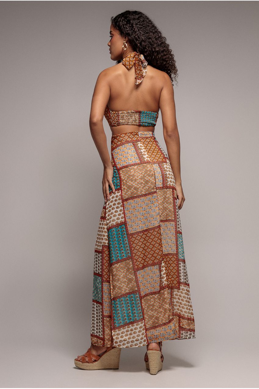 Halter Neck Printed Maxi Dress - Mustard DR3504