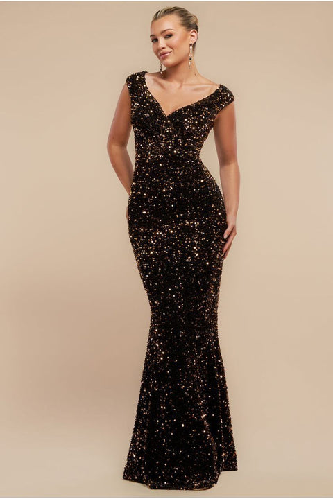 Multi Sequin & Velvet Bardot Maxi - Gold by Goddiva