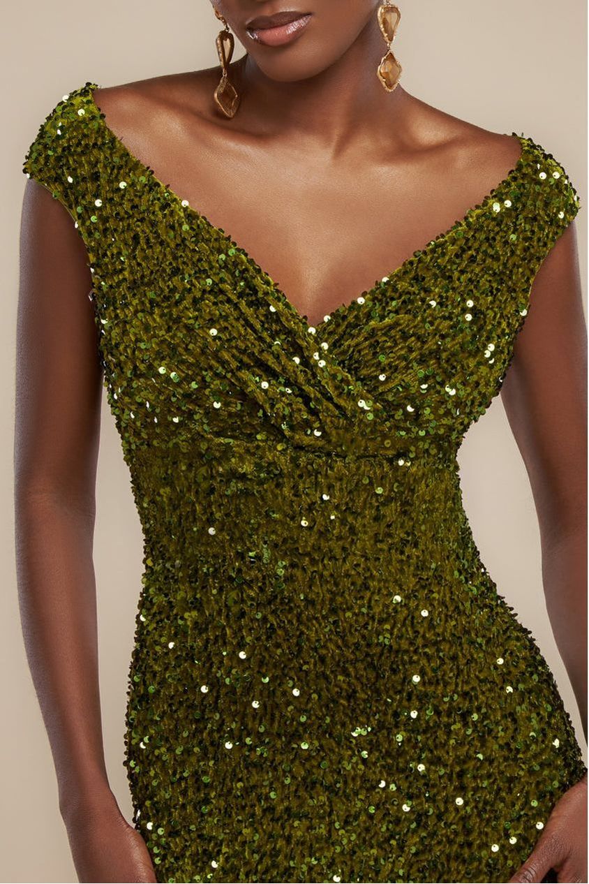 Multi Sequin & Velvet Bardot Maxi Dress - Olive Green DR3512