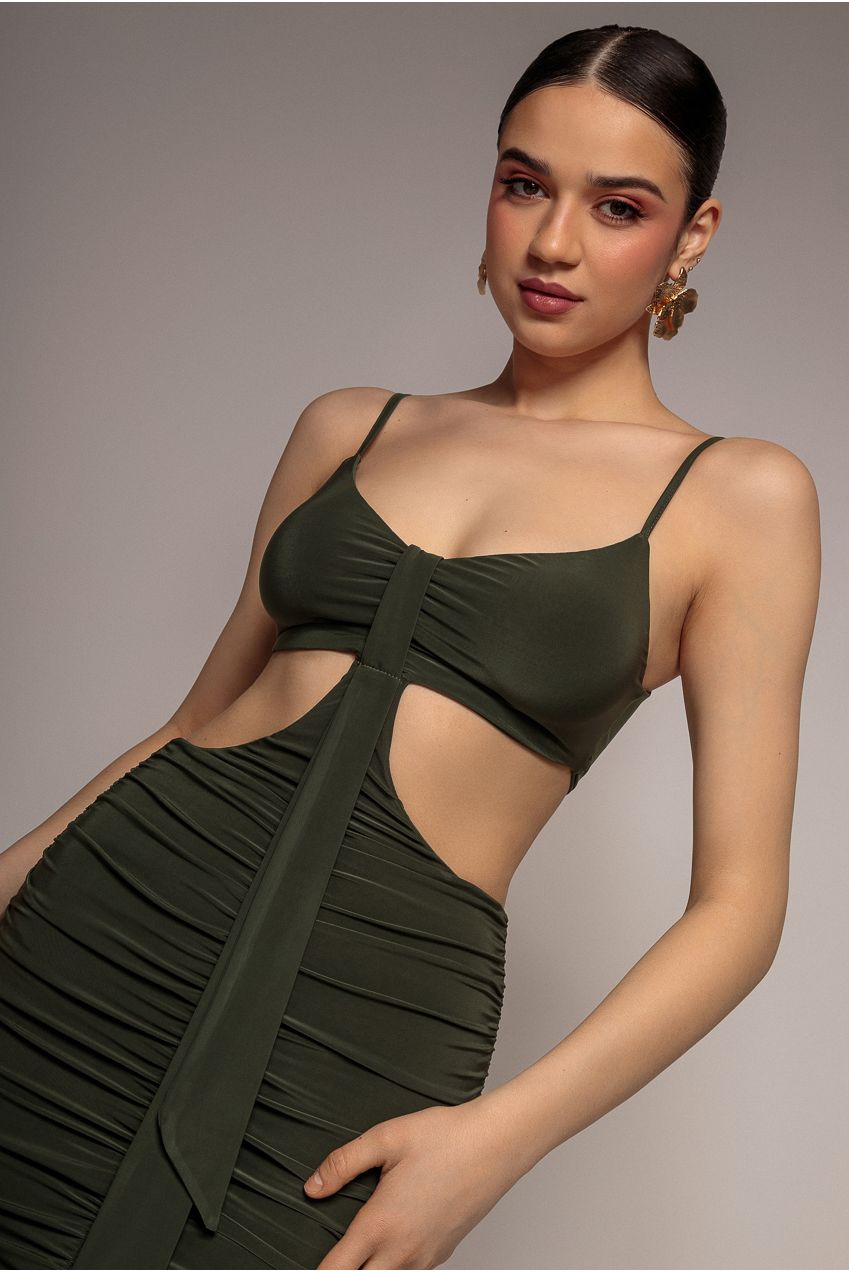 Cut Out Ruched Bodycon Midi Dress - Khaki DR3522