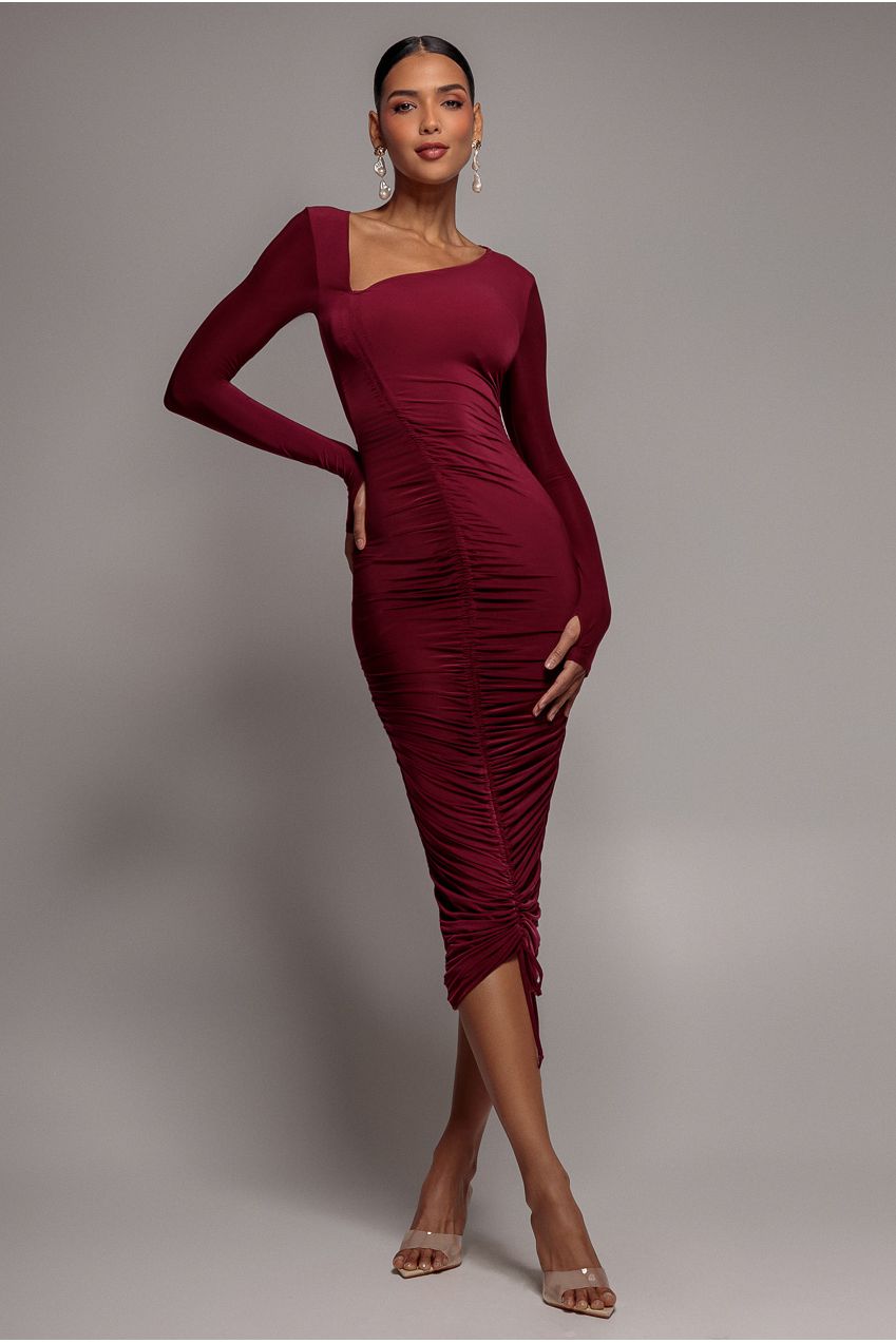 Asymmetrical Neck Ruched Midi Dress - Wine DR3541