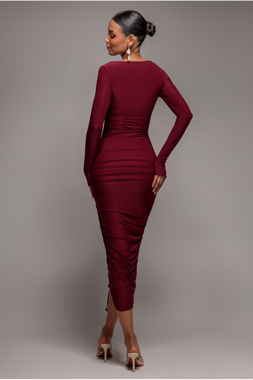 Asymmetrical Neck Ruched Midi Dress - Wine DR3541