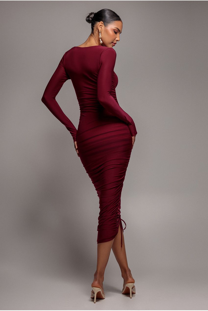 Asymmetrical Neck Ruched Midi Dress - Wine DR3541