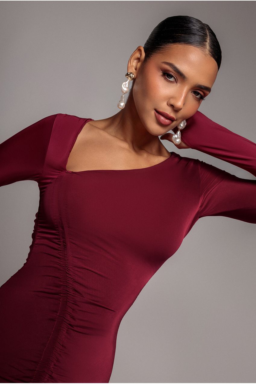 Asymmetrical Neck Ruched Midi Dress - Wine DR3541