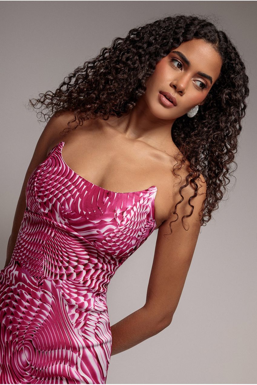 Abstract Bandeau Bodycon Midi Dress - Cerise DR3545