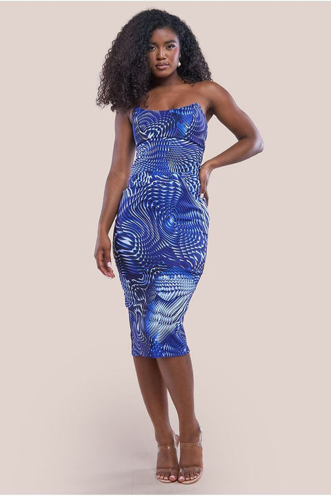 Abstract Bandeau Bodycon Midi Dress - Royalblue by Goddiva