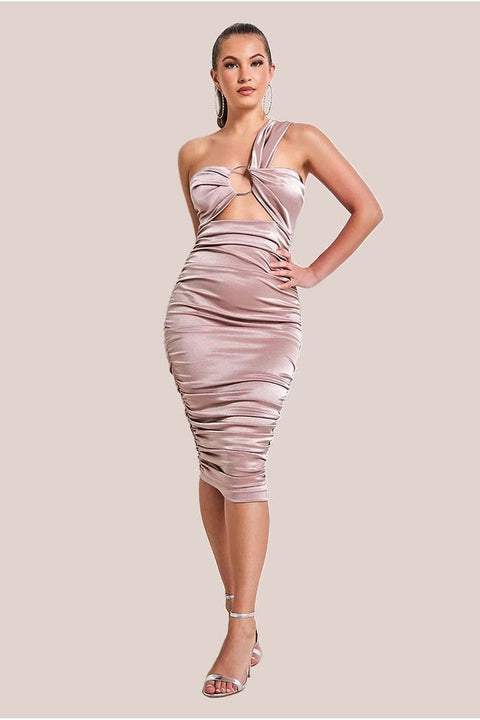 Ring Detail One Shoulder Ruched Midi - Champagne by Goddiva
