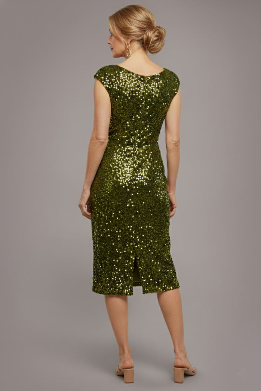 Multi Sequin & Velvet Bardot Midi Dress - Olive Green DR3550M