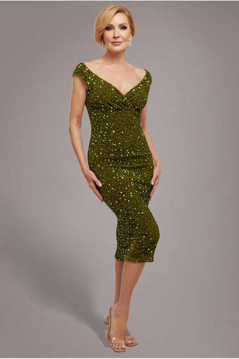 Multi Sequin & Velvet Bardot Midi Dress - Olive Green by Goddiva