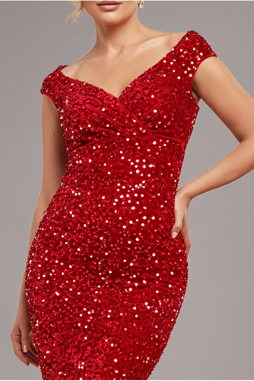 Multi Sequin & Velvet Bardot Midi Dress - Red DR3550M