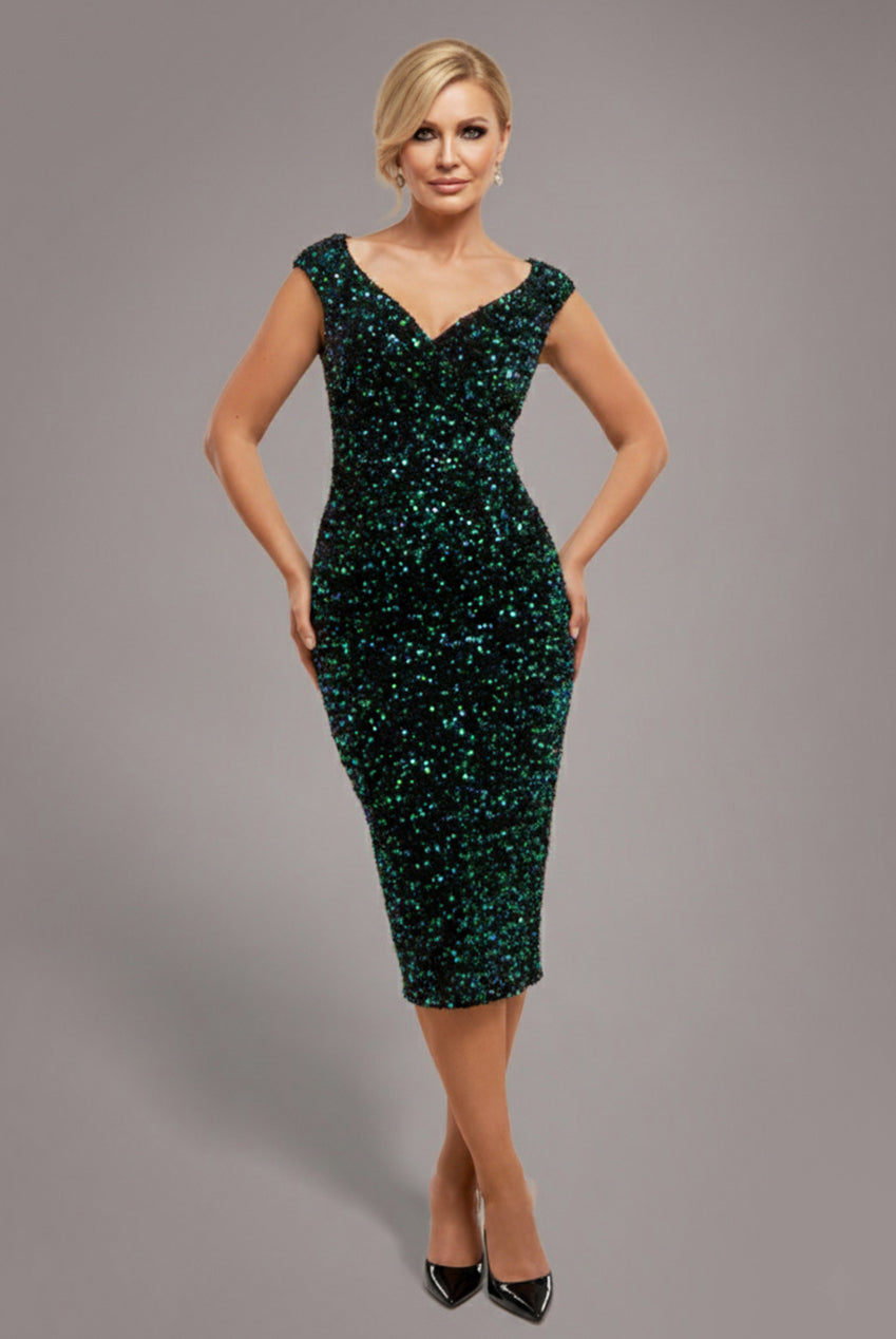 Multi Sequin & Velvet Bardot Midi - Emerald Green DR3550M