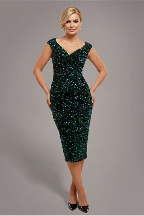 Multi Sequin & Velvet Bardot Midi - Emerald Green by Goddiva