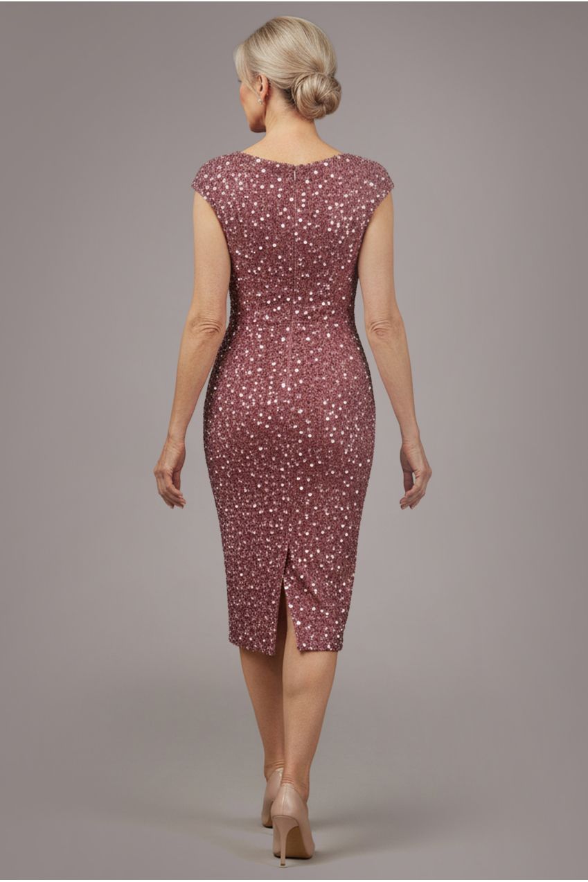 Multi Sequin & Velvet Bardot Midi Dress - Blush Pink DR3550M