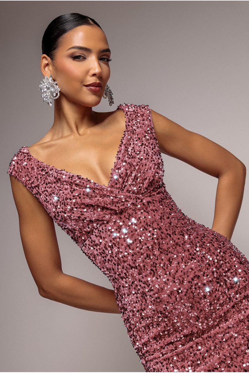 Multi Sequin & Velvet Bardot Midi Dress - Blush Pink DR3550