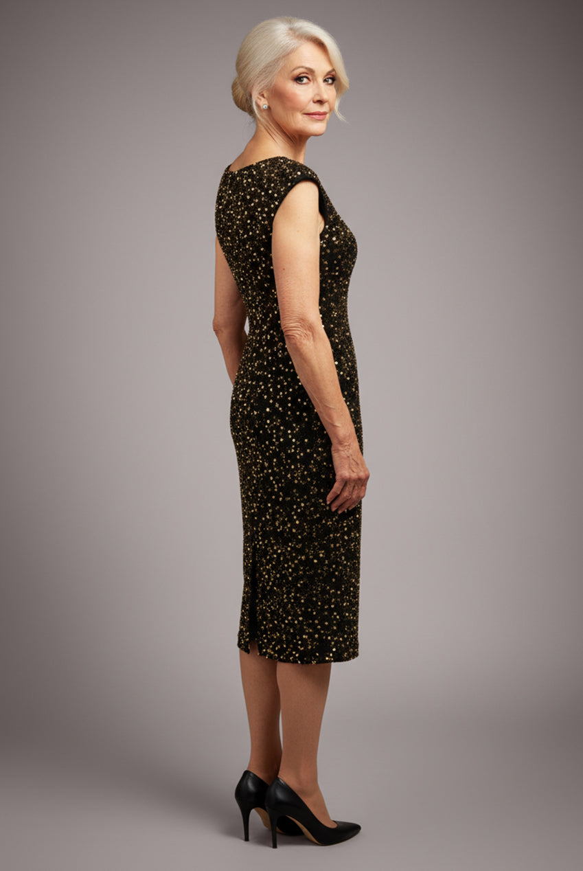 Multi Sequin & Velvet Bardot Midi Dress - Gold DR3550M