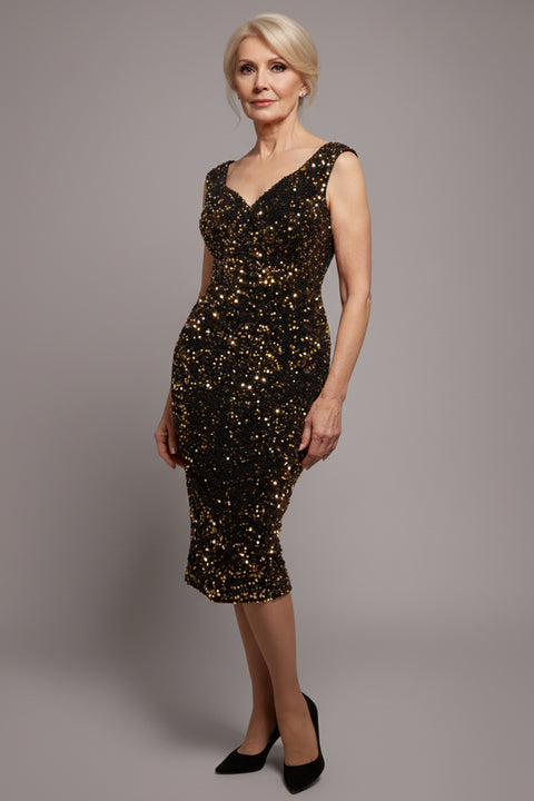 Multi Sequin & Velvet Bardot Midi Dress - Gold by Goddiva