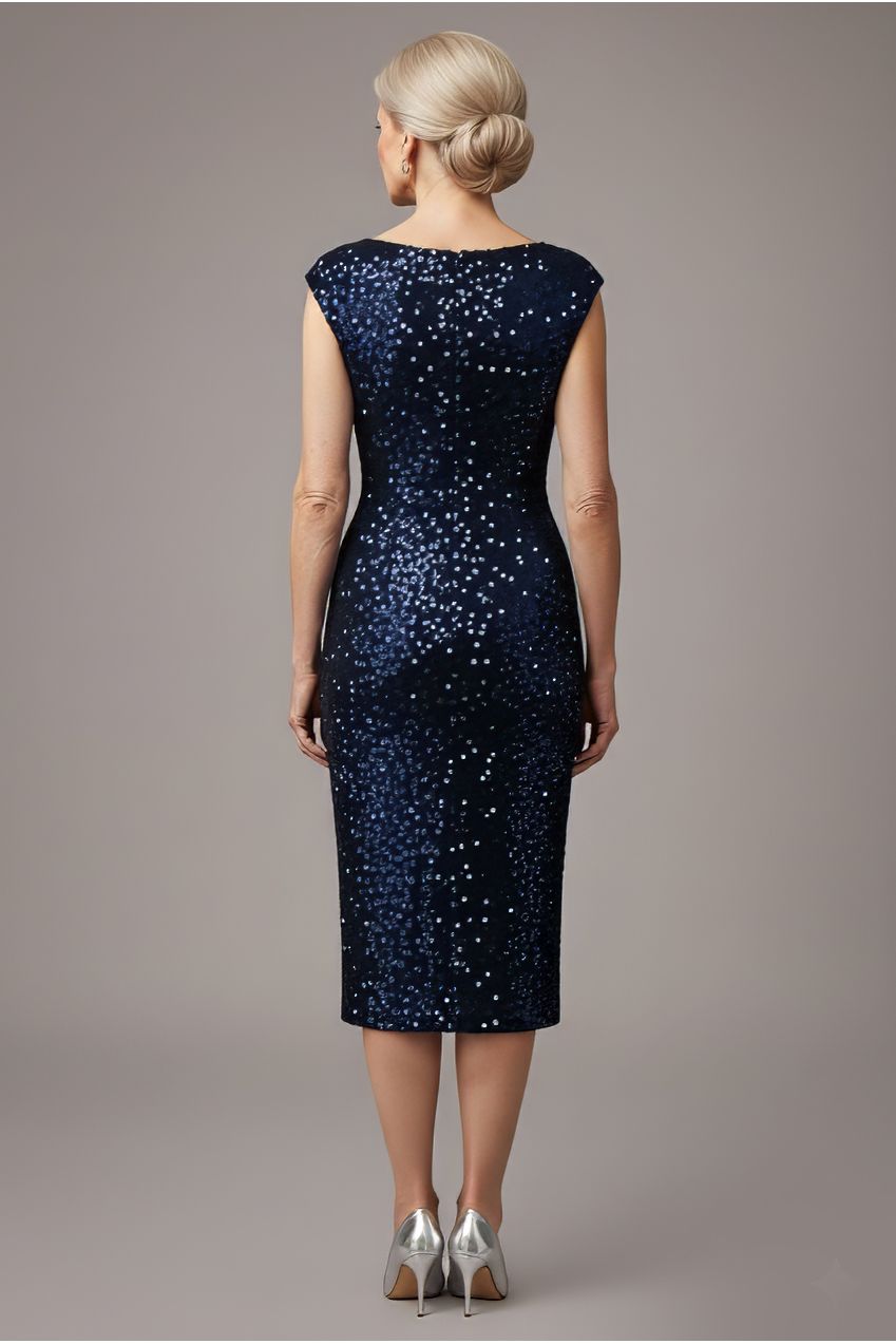 Multi Sequin & Velvet Bardot Midi Dress - Navy Blue DR3550M